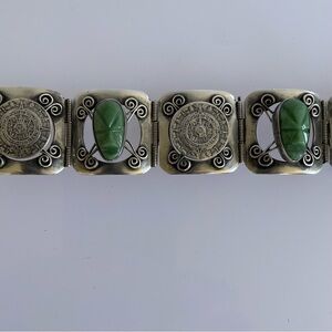 Vintage Jose Anton Taxco Sterling Silver Chrysoprase Aztec Calendar Bracelet
